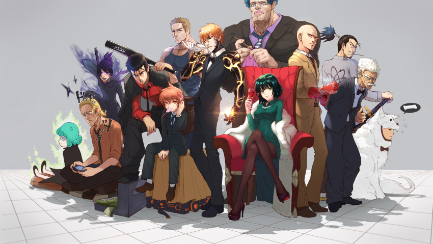 2girls, 6+boys, adjusting_clothes, adjusting_gloves, alcohol, alternate_costume, anger_vein, animal_costume
