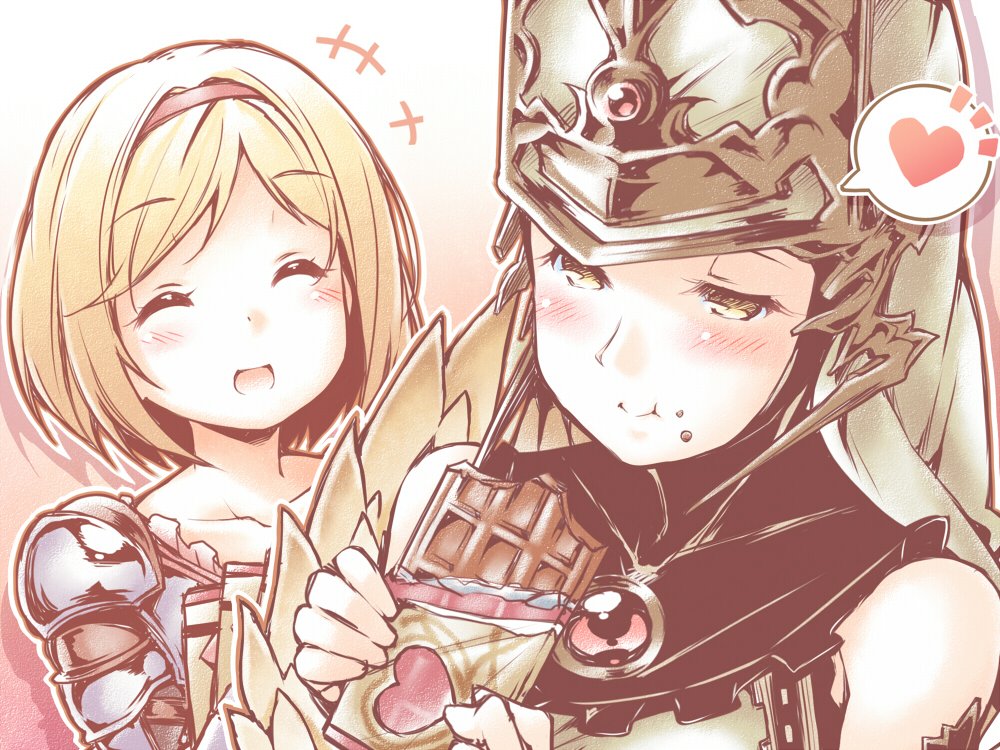 blonde_hair, blush, chocolate, closed_eyes, crumbs, djeeta_(granblue_fantasy), eating, granblue_fantasy