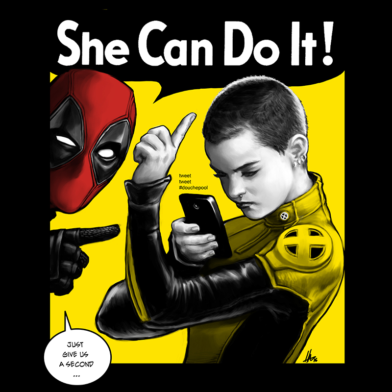 1boy, 1girl, black_border, border, cellphone, deadpool, english, hashtag