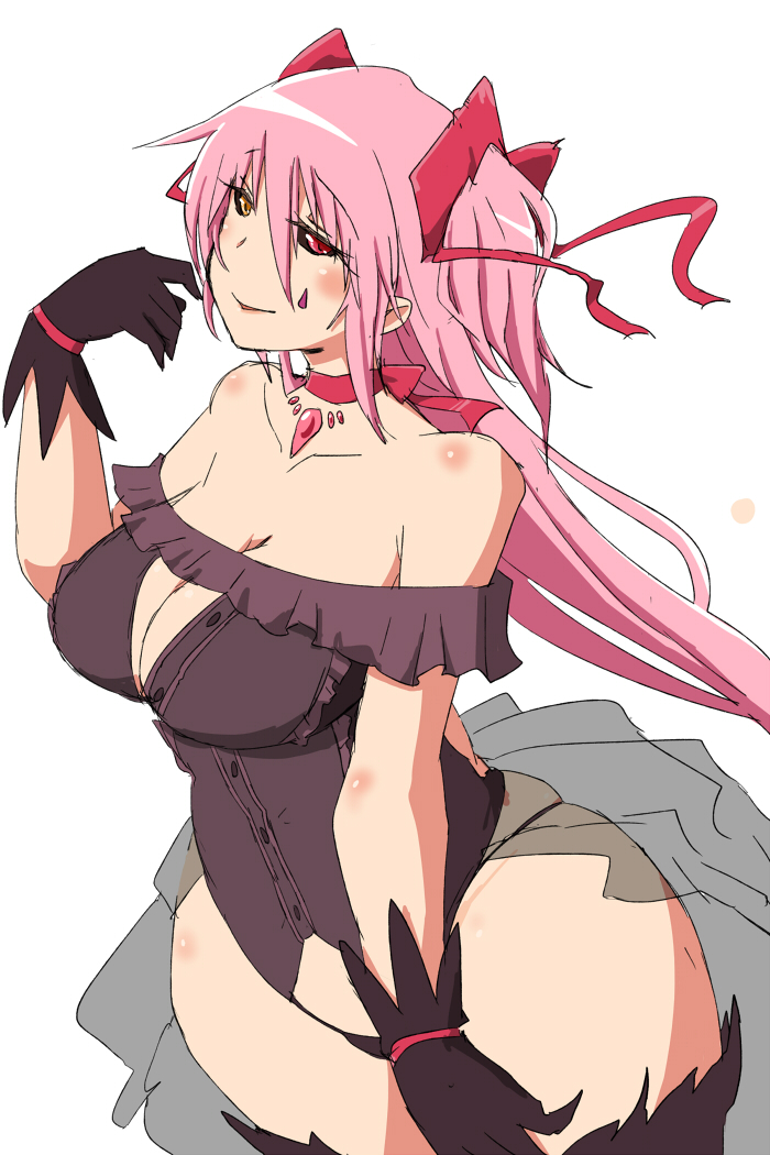 black_gloves, black_sclera, breasts, choker, cleavage, gloves, goddess_madoka, heterochromia