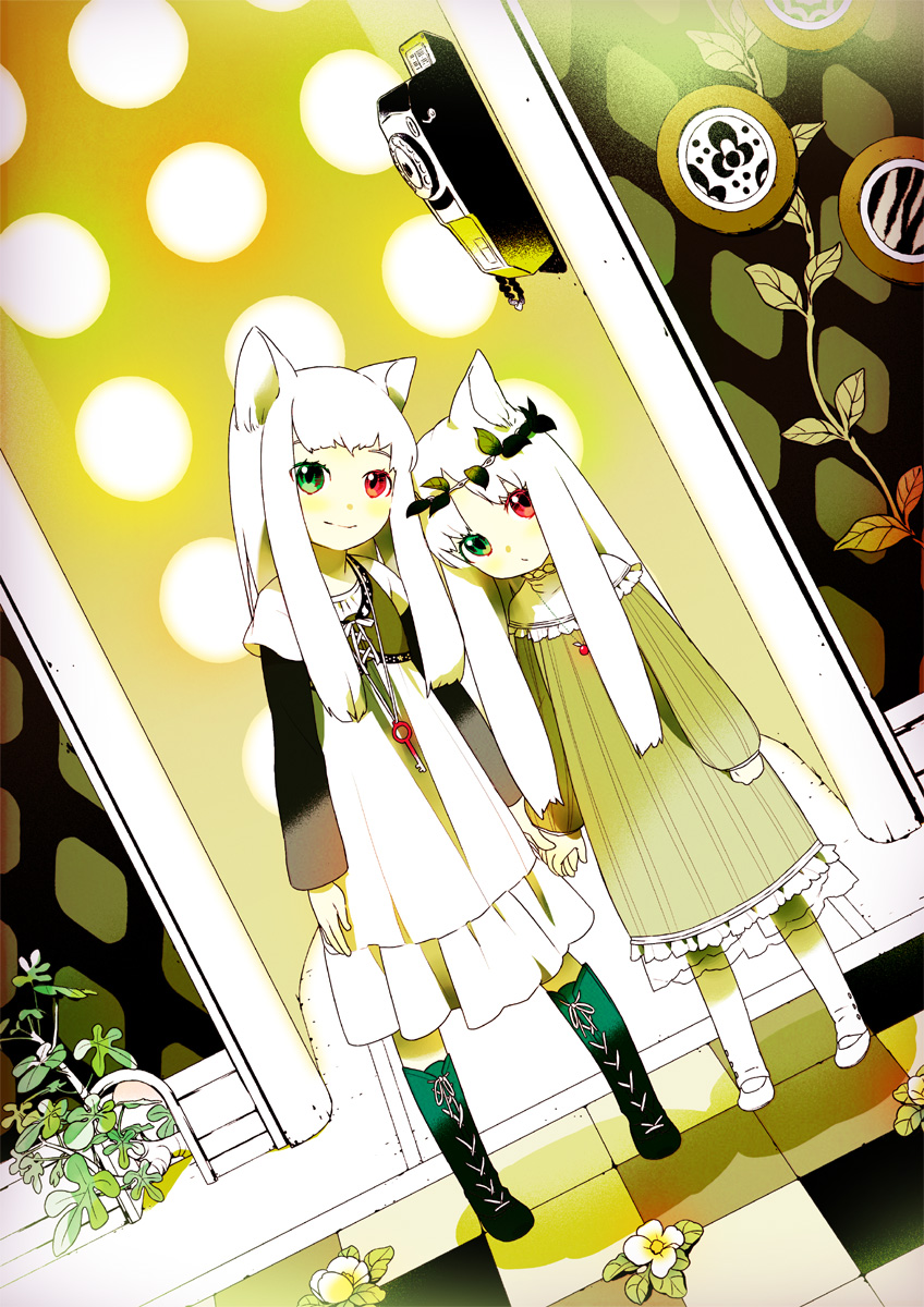 blush, boots, child, dress, flower, hand_holding, heterochromia, highres