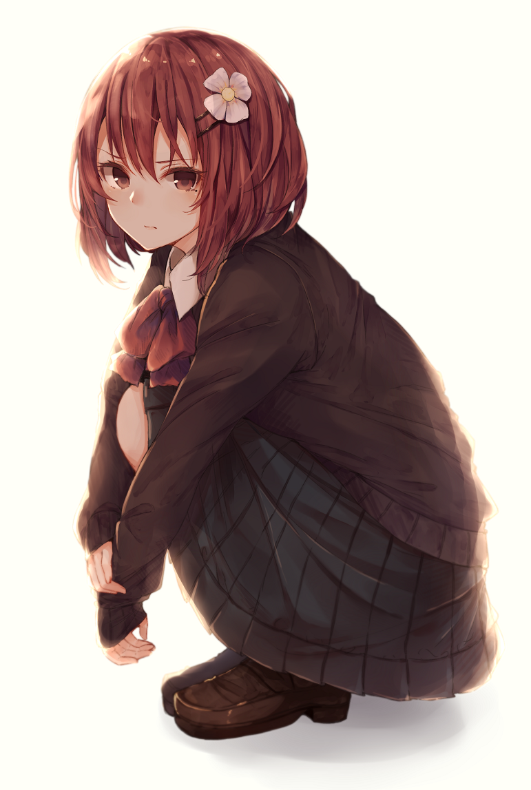 1girl, :|, bow, bowtie, brown_shoes, closed_mouth, collared_shirt, expressionless