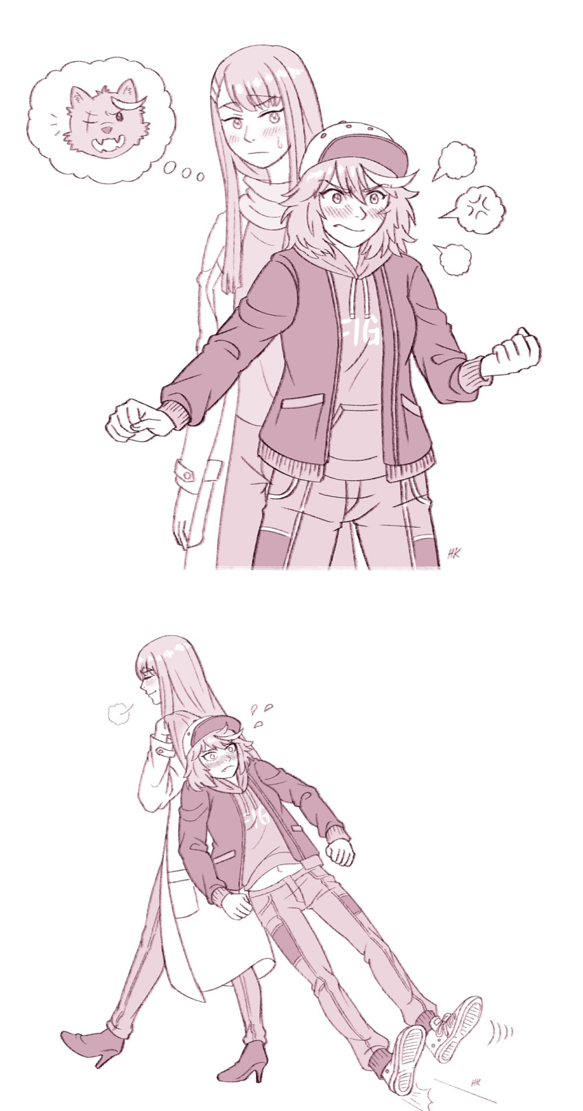 amused, animalization, blush, collar_grab, dragging, eyebrows, fang, herokick