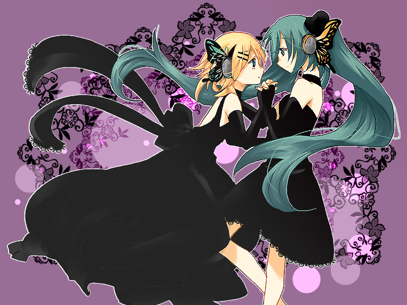 black_dress, blonde_hair, blue_eyes, butterfly_wings, dress, elbow_gloves, fingerless_gloves, gloves