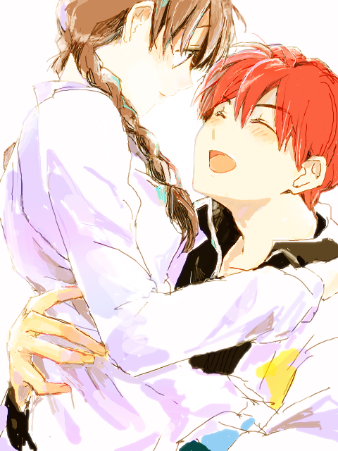 1boy, 1girl, braid, brown_hair, carrying, closed_eyes, couple, dorayan