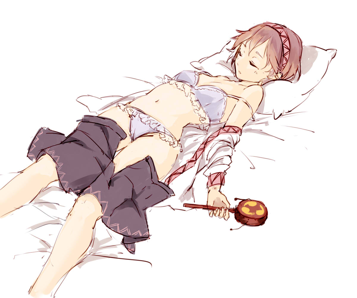 1girl, bra, brown_hair, closed_eyes, denden_daiko, kagari6496, long_sleeves, lying, midriff, navel, on_back, open_clothes, open_shirt, panties, parted_lips, pillow, rattle_drum, shirt, short_hair, simple_background, skirt, skirt_pull, sleeping, solo, touhou, tsukumo_yatsuhashi, underwear, white_background