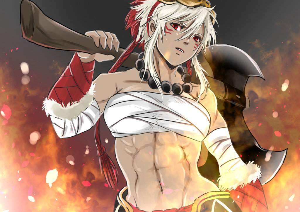 1girl, abs, axe, bandages, dark_skin, facial_mark, fire, fire_emblem