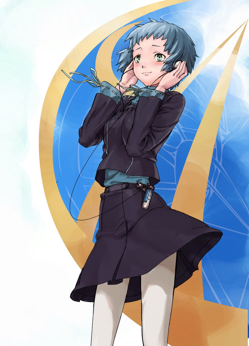blue_eyes, blue_hair, blush, digital_media_player, green_eyes, headphones, highres, long_skirt