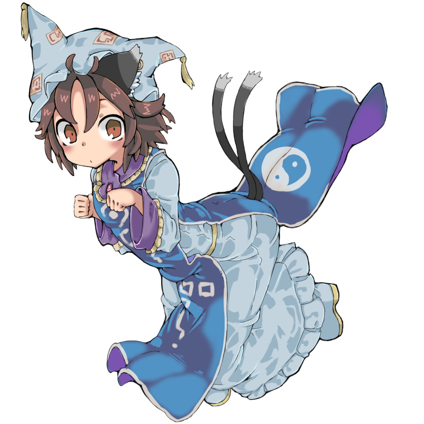 1girl, animal_ears, bangs, blush, brown_eyes, brown_hair, cat_ears, cat_tail, chen, clenched_hand, dress, hat, highres, long_sleeves, looking_at_viewer, multiple_tails, osaname_riku, pillow_hat, short_hair, simple_background, solo, tabard, tail, touhou, white_background, white_dress, yakumo_ran_(cosplay)