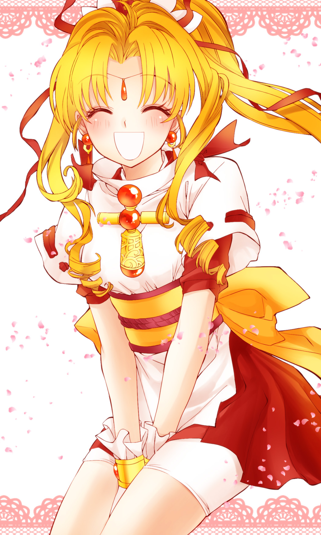 1girl, bike_shorts, blonde_hair, closed_eyes, cowboy_shot, earrings, facing_viewer, hair_ribbon