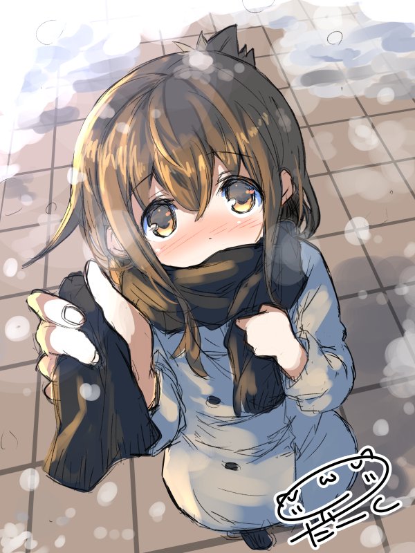 1girl, alternate_costume, artist_name, blush, brown_eyes, brown_hair, coat, commentary_request