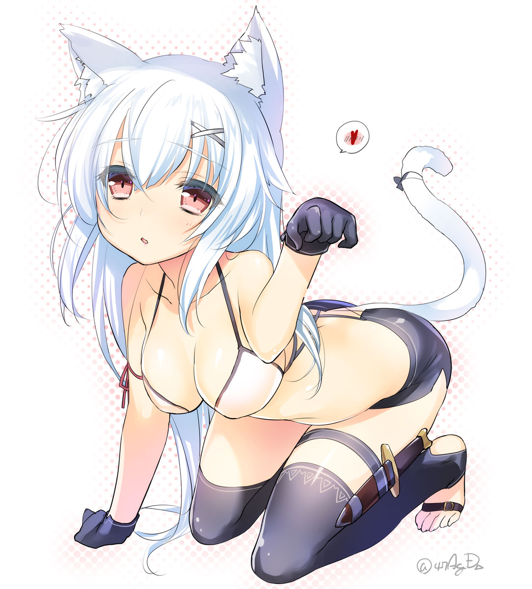 1girl, 47agdragon, all_fours, animal_ears, black_gloves, black_legwear, blush, breasts