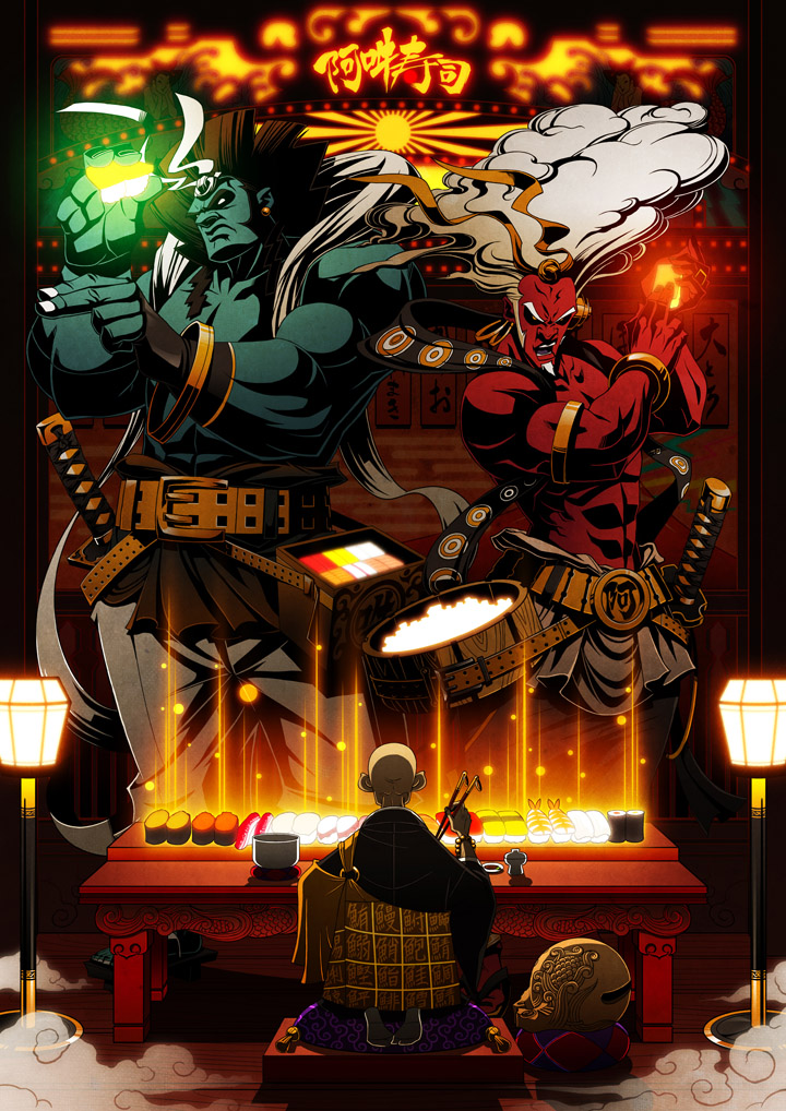 belt, blue_oni, bucket, buddhism, chopsticks, eating, food, fuujin