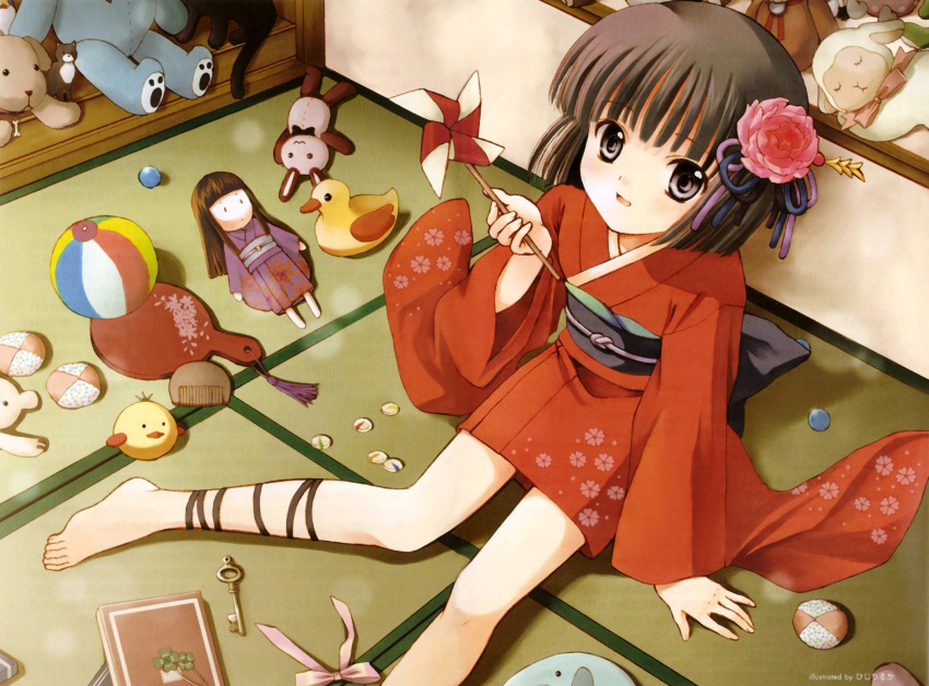 barefoot, black_hair, blush, book, brown_hair, bunny, child, comb, dog, doll, duck, feet, flat_chest, flower, hair_flower, hair_ornament, hand_mirror, highres, hijiri_ruka, japanese_clothes, key, kimono, leg_ribbon, loli, original, pinwheel, plushies, ribbon, rubber_duck, sheep, short_hair, short_kimono, silver_eyes, sitting, smile, solo, stuffed_animal, stuffed_toy, tatami, tenshinranman, toy, toys, violet_eyes