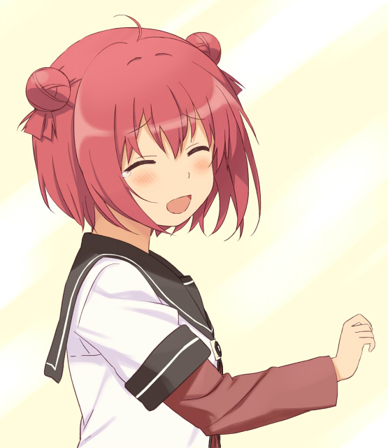 1girl, :d, ahoge, akaza_akari, closed_eyes, double_bun, hair_bun, hair_intakes, open_mouth, redhead, school_uniform, serafuku, shikousakugo, smile, solo, teardrop, yuru_yuri