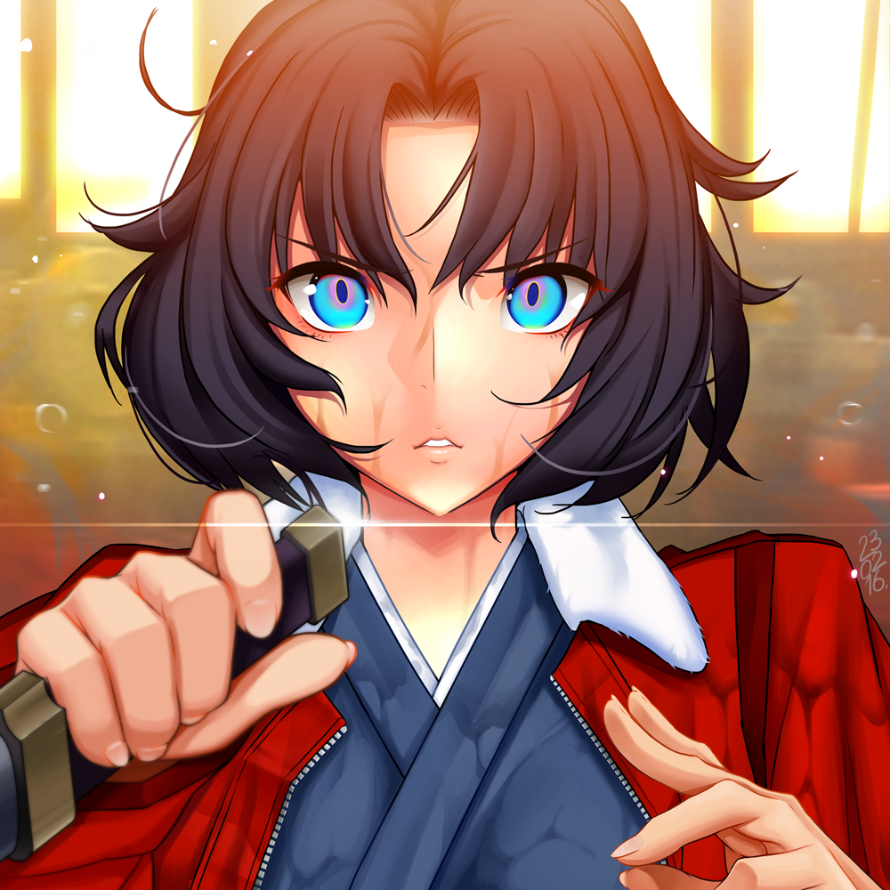 1girl, alcoholrang, black_hair, blue_eyes, fate/grand_order, fate_(series), holding_knife, jacket