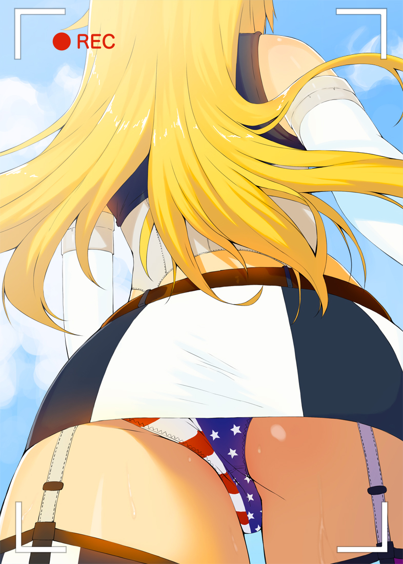 1girl, american_flag_panties, ass, back, belt, blonde_hair, blue_sky, cowboy_shot