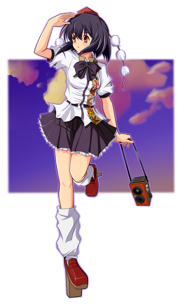 camera, geta, hat, loose_socks, nishikawa_hiroyuki, red_eyes, shameimaru_aya, skirt