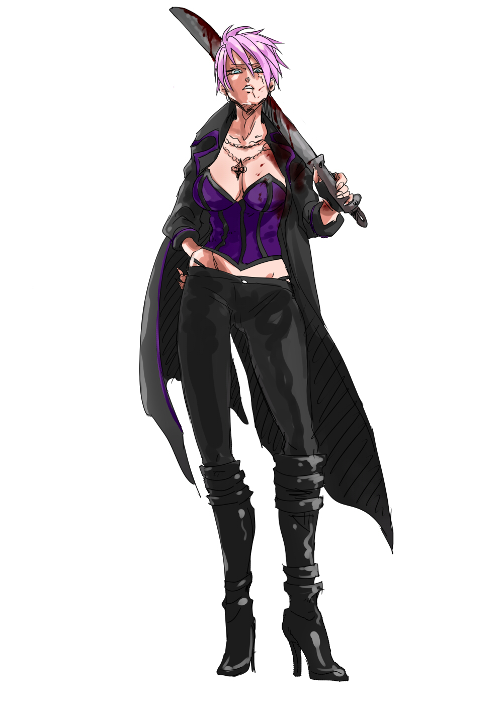 1girl, blood, blue_eyes, boots, boss_(saints_row), breasts, bustier, high_heels, highres, lips, looking_at_viewer, looking_down, machete, nagihashimoto, navel, open_mouth, pink_hair, saints_row, saints_row:_the_third, short_hair, solo, weapon