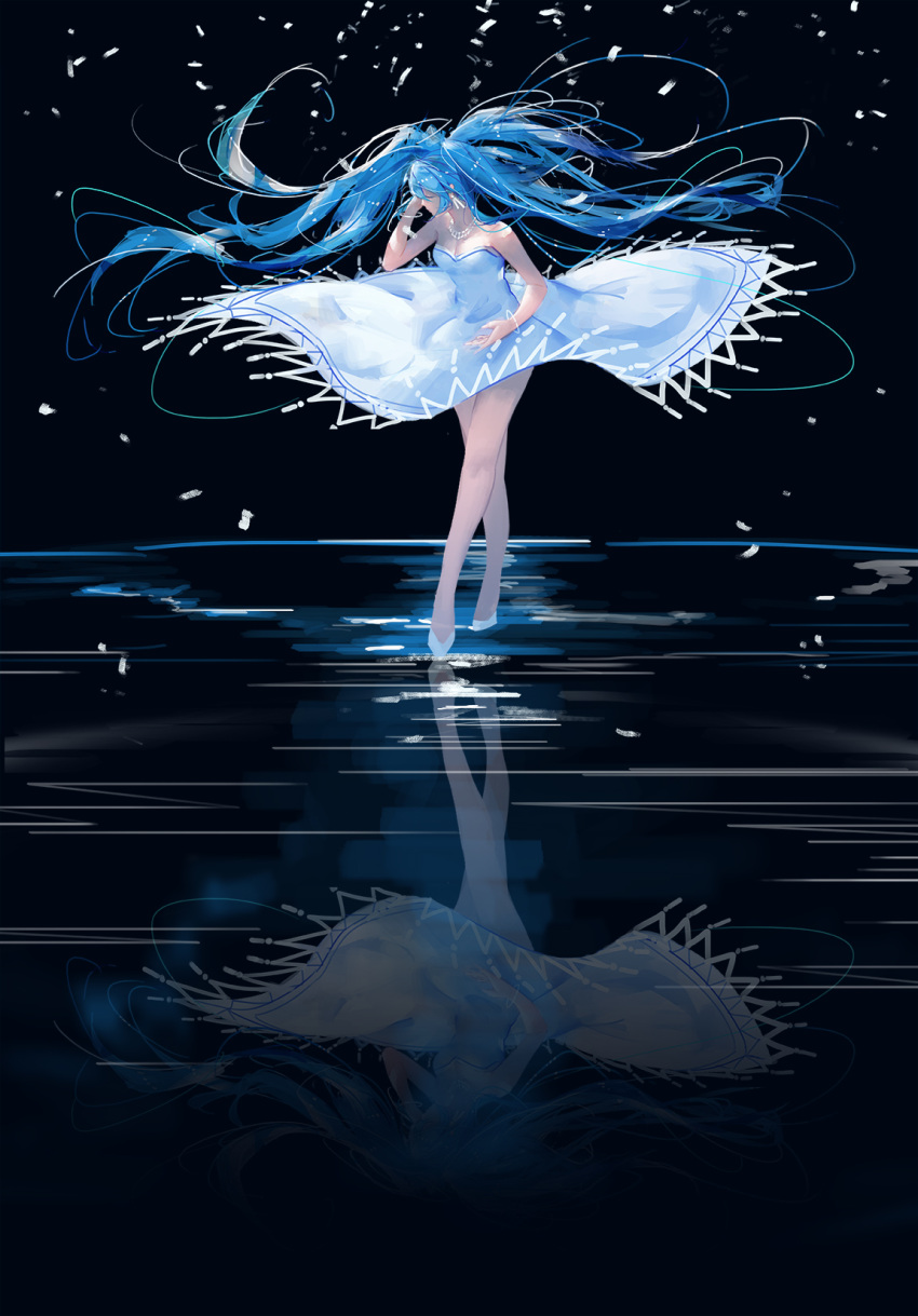1girl, blue_hair, closed_eyes, dress, floating_hair, g_q, hatsune_miku, highres