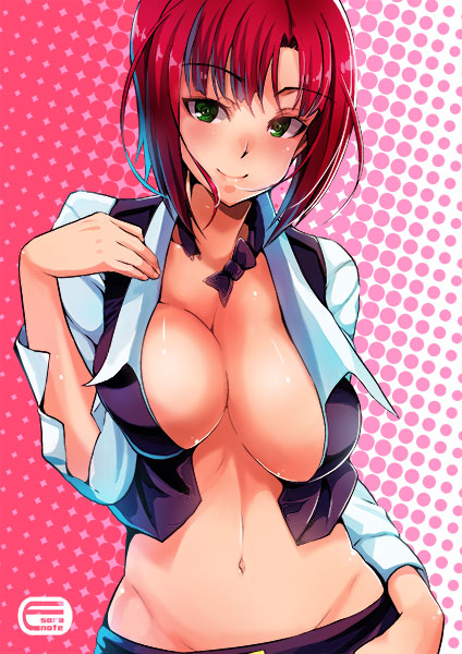 1girl, amari_yuki, bow, bowtie, breasts, cleavage, green_eyes, hand_on_hip