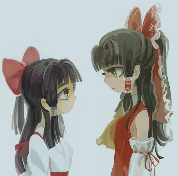 2girls, ascot, blue_background, brown_hair, detached_sleeves, dual_persona, expressionless, eye_contact, hair_ribbon, hair_tubes, hakurei_reimu, hakurei_reimu_(pc-98), japanese_clothes, long_hair, long_sleeves, looking_at_another, miko, multiple_girls, ponytail, profile, purple_hair, ribbon, sakamoto_(pompa), shirt, simple_background, touhou, touhou_(pc-98), upper_body