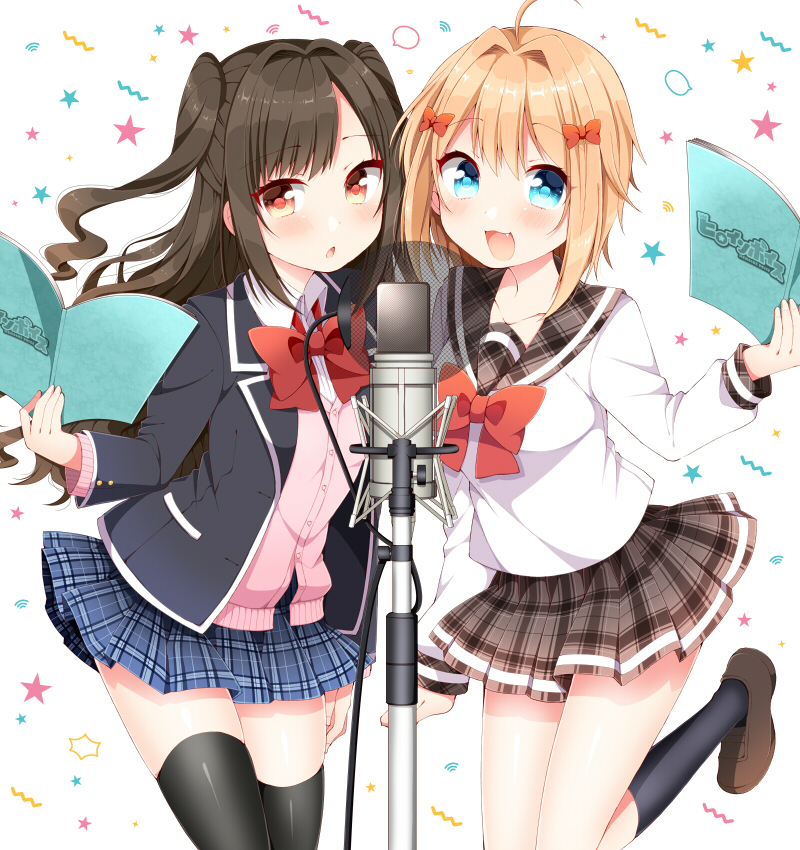 2girls, :3, black_hair, blazer, blonde_hair, blue_eyes, bow, cardigan, fang, hair_bow, heroine_voice, kneehighs, long_hair, multiple_girls, open_mouth, original, red_eyes, school_uniform, short_hair, skirt, smile, thigh-highs, tsukudani_norio, two_side_up