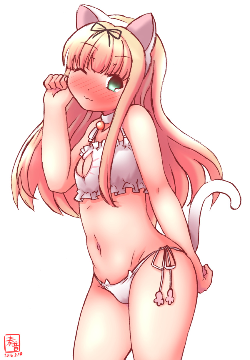 1girl, :3, ;3, animal_ears, arm_behind_back, bare_shoulders, bell, bell_choker