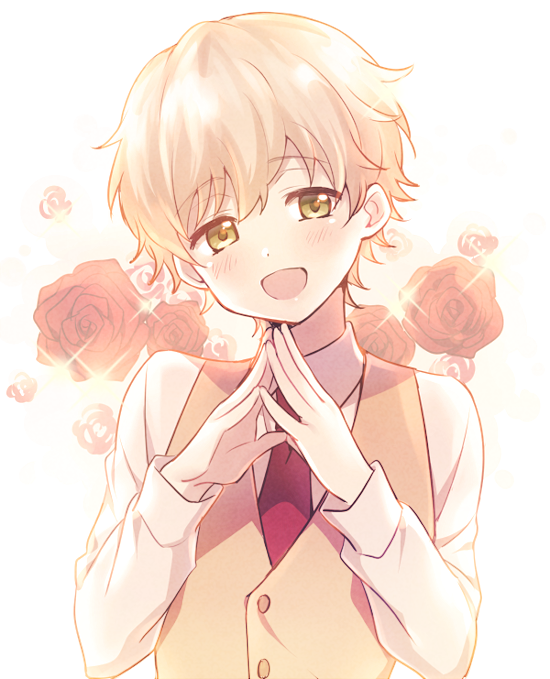 1boy, blonde_hair, blush, flower, nayuki_tooru, necktie, open_mouth, rose