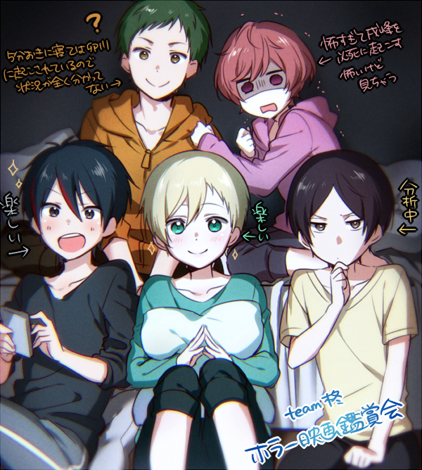 5boys, aqua_eyes, black_hair, blonde_hair, blush, brown_eyes, facing_viewer, green_hair