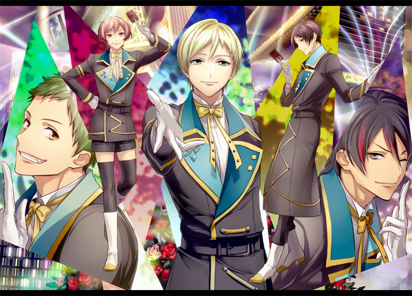 5boys, black_hair, black_legwear, blonde_hair, boots, brown_eyes, card, coat