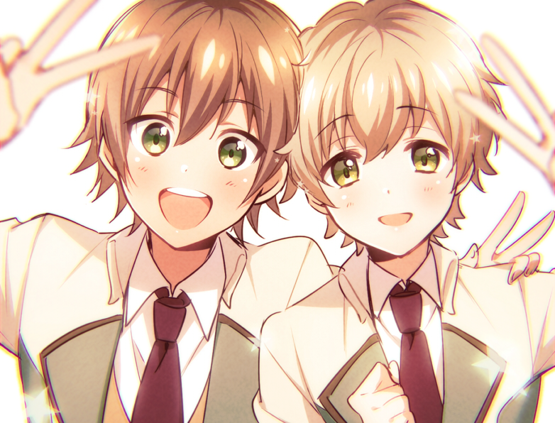 2boys, blonde_hair, blush, brown_hair, green_eyes, hoshitani_yuuta, multiple_boys, nayuki_tooru