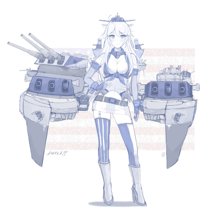 1girl, america, american_flag, bare_shoulders, belt, boots, breasts, cannon