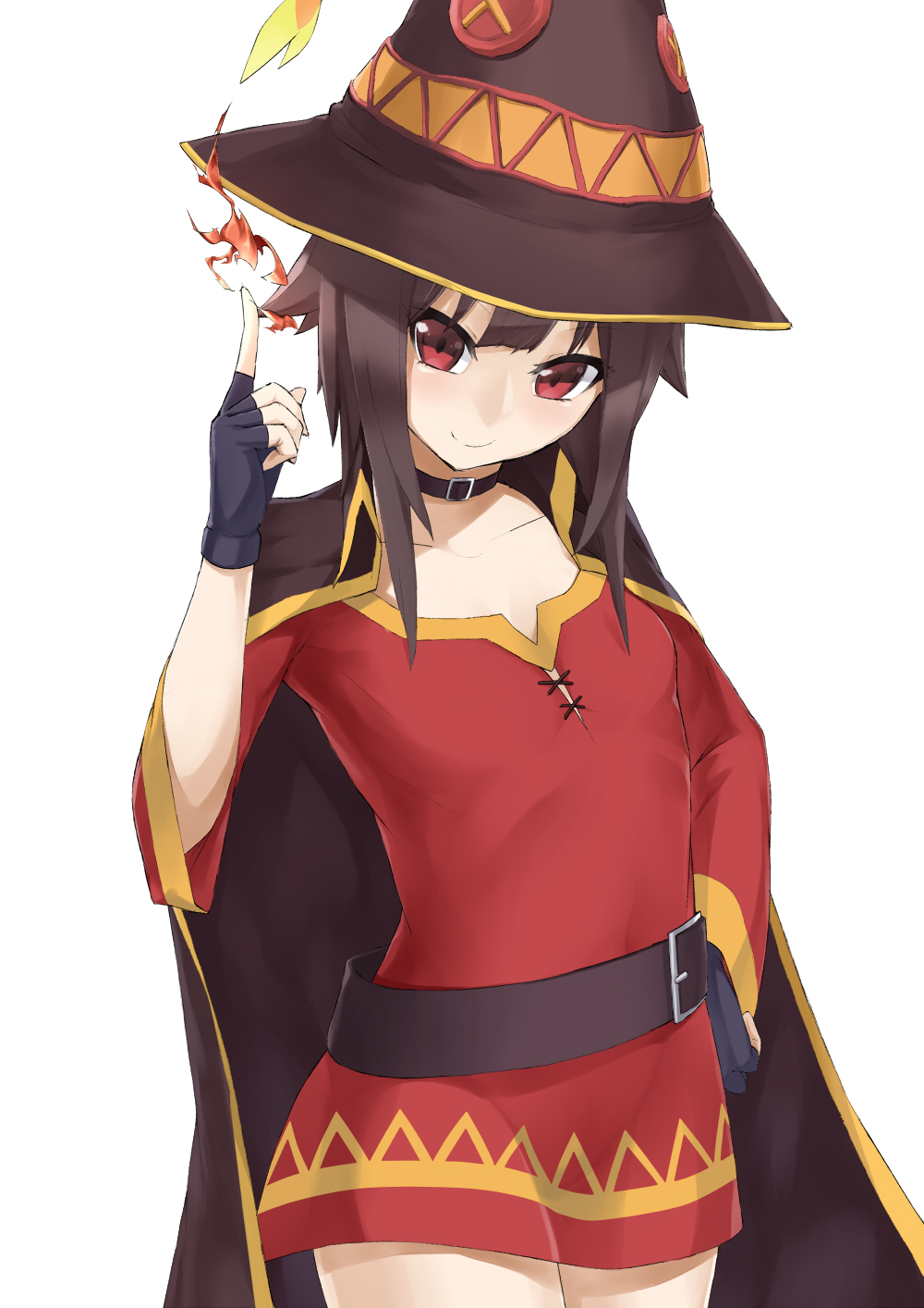 1girl, aizawa_masaya, belt, black_hair, buckle, cape, collar, fingerless_gloves