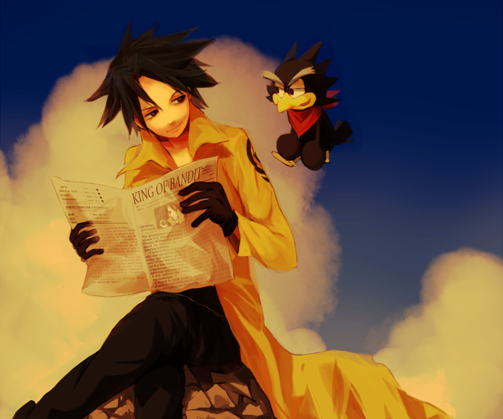 1boy, black_gloves, black_hair, blue_sky, clouds, english, gloves, jing_(ou_dorobou_jing)