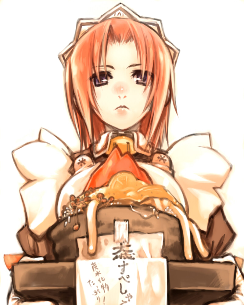 1girl, food, hachigou_(owari_no_chronicle), ichinomi, long_hair, maid, maid_headdress, necktie