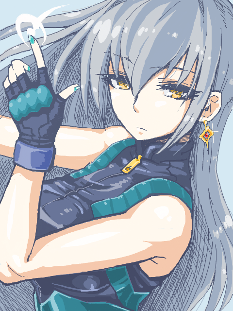 1girl, aqua_nails, bangs, breasts, earrings, fingerless_gloves, gloves, idolmaster