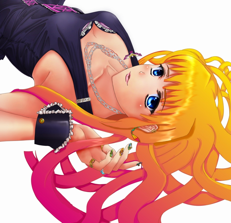blush, cruizer, earrings, gradient_hair, jewelry, lying, macross, macross_frontier