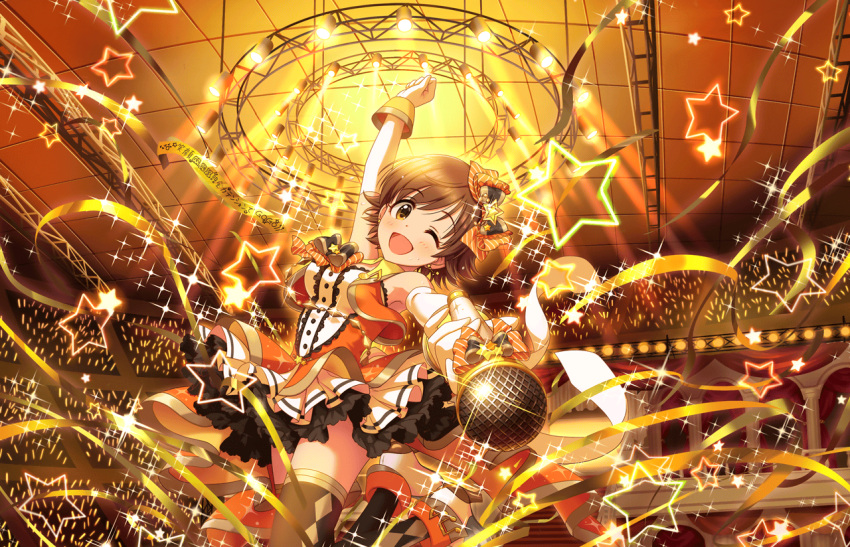 1girl, ;d, armpits, artist_request, asymmetric_gloves, bangs, bare_shoulders, blush, boots, brown_eyes, brown_hair, diamond_legwear, earrings, hair_ornament, high_heel_boots, high_heels, holding_microphone, honda_mio, idolmaster, idolmaster_cinderella_girls, idolmaster_cinderella_girls_starlight_stage, jewelry, jumping, long_gloves, looking_at_viewer, official_art, one_eye_closed, open_mouth, short_hair, sleeveless, smile, solo, stage_lights, sweatdrop, swept_bangs, thigh-highs, wrist_cuffs