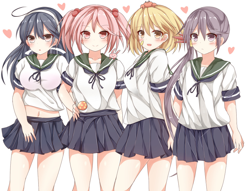 4girls, ahoge, akebono_(kantai_collection), animal, animal_on_head, animal_on_shoulder, arm_behind_back, badge