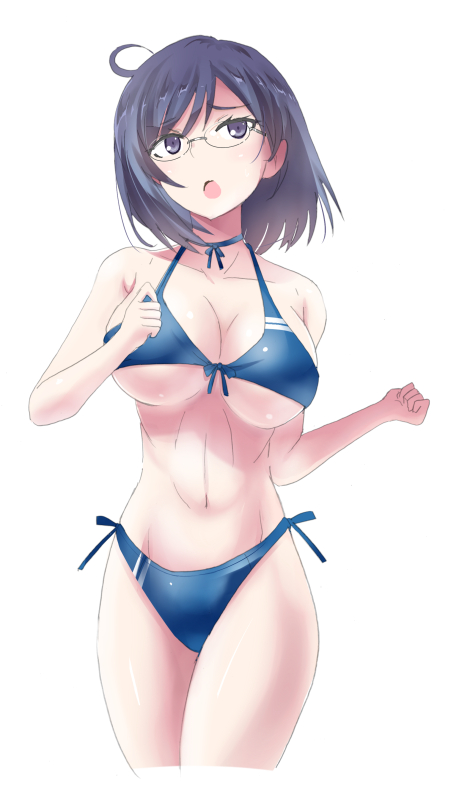 1girl, bikini, black_eyes, black_hair, blue_bikini, blush, breasts, cleavage, glasses, ishizu_kayu, konori_mii, large_breasts, navel, open_mouth, short_hair, solo, swimsuit, to_aru_kagaku_no_railgun, to_aru_majutsu_no_index, under_boob