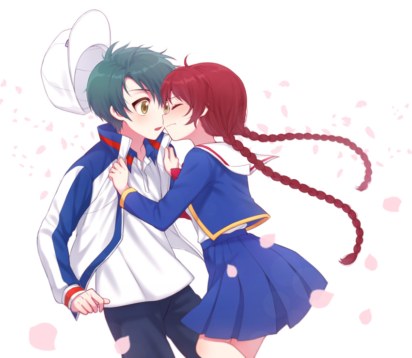 1boy, 1girl, blush, cherry_blossoms, closed_eyes, dduing, echizen_ryooma, green_hair