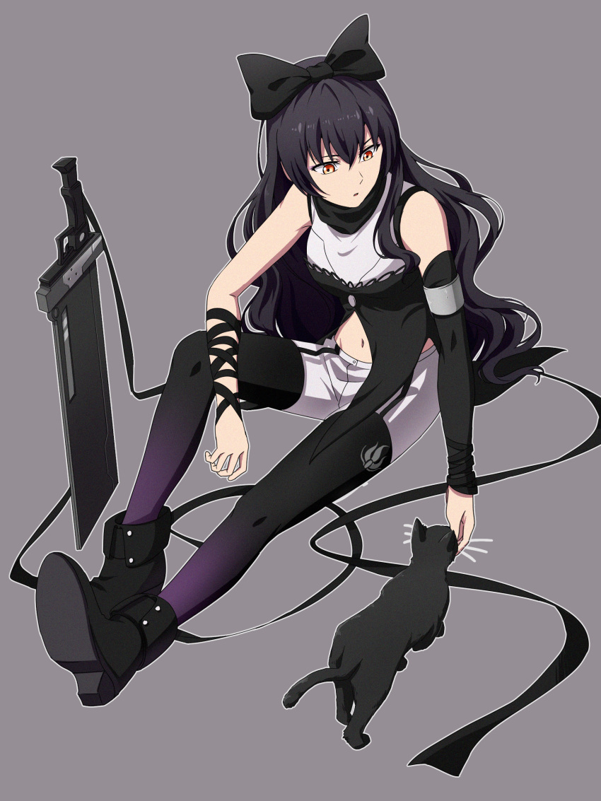 1girl, absurdres, arm_ribbon, armlet, bare_shoulders, black_cat, black_hair, black_legwear