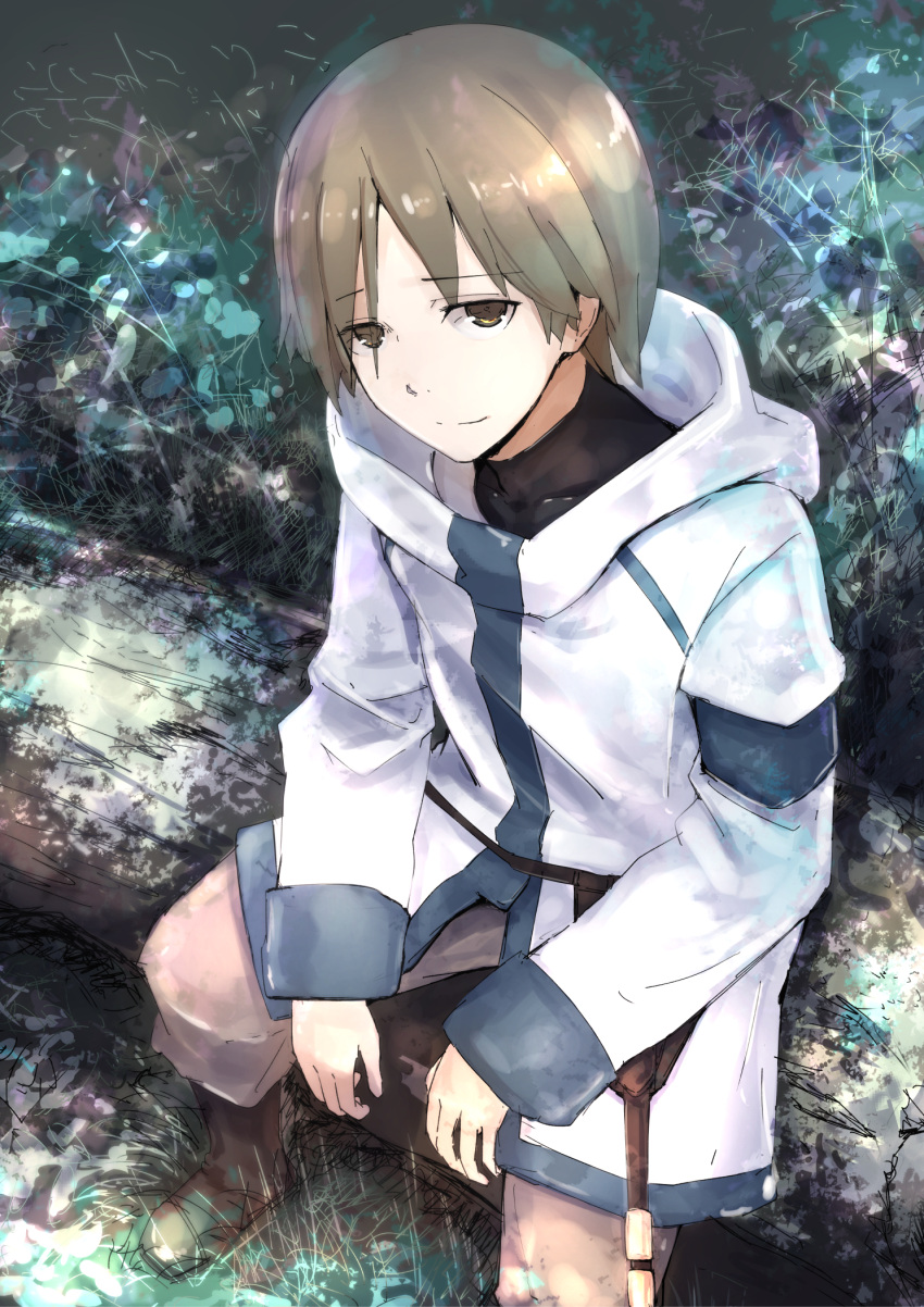 1boy, brown_eyes, brown_hair, cloak, hai_to_gensou_no_grimgar, highres, hood, hooded_cloak, manato_(grimgar), mankun, short_hair, sitting, smile, solo, tree_stump, turtleneck