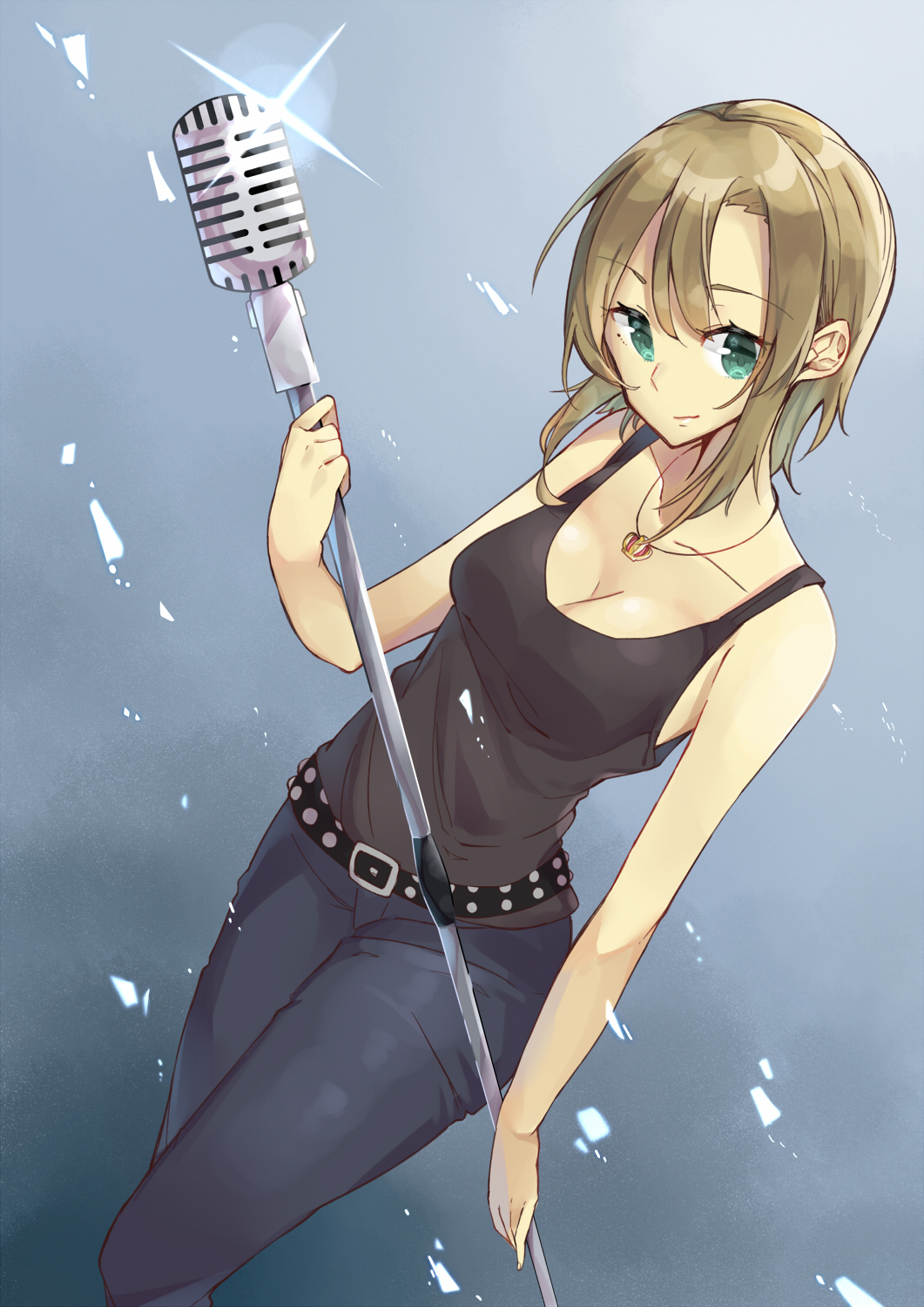 1girl, bare_arms, bare_shoulders, belt, blue_background, blush, breasts, brown_hair, buckle, cleavage, closed_mouth, collarbone, daikon_(tomohiro158), dutch_angle, female, glint, green_eyes, highres, holding, idolmaster, idolmaster_cinderella_girls, looking_at_viewer, microphone, microphone_stand, necklace, pants, shatter, shirt, short_hair, simple_background, sleeveless, sleeveless_shirt, smile, solo, standing, star, tada_riina, tank_top, tsurime