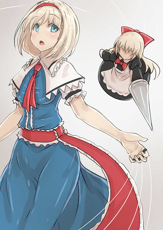 1girl, alice_margatroid, apron, backlighting, black_dress, blonde_hair, blue_dress, blue_eyes, blush, bow, breasts, capelet, collar, dress, faceless, frilled_collar, frills, grey_background, hair_bow, hairband, hips, long_hair, long_sleeves, opanchu_(pixiv259683), open_mouth, puppet_rings, puppet_strings, ribbon, shanghai_doll, shiny, shiny_hair, short_hair, short_sleeves, simple_background, sleeveless, sleeveless_dress, solo, thighs, touhou