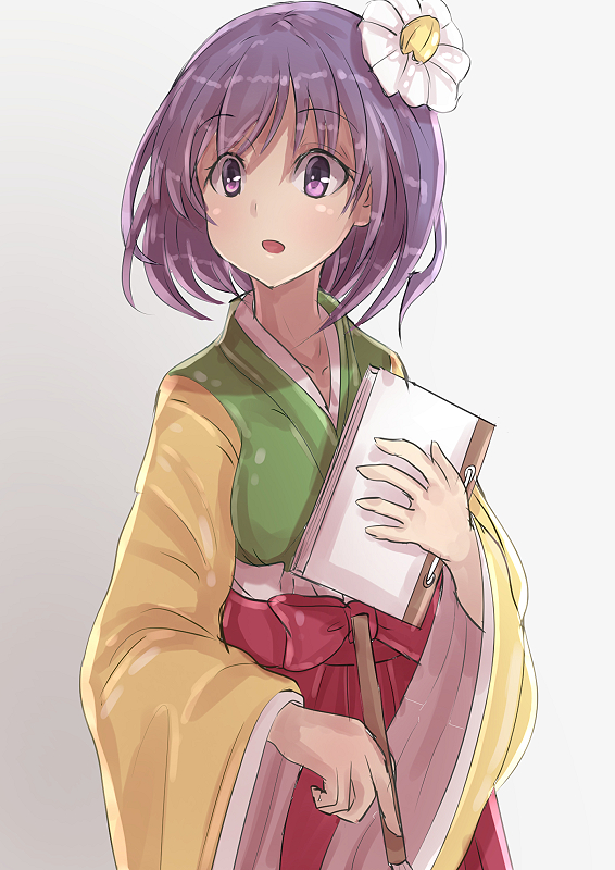 1girl, backlighting, blush, book, breasts, calligraphy_brush, flower, gradient, gradient_background, grey_background, hair_flower, hair_ornament, hieda_no_akyuu, japanese_clothes, kimono, long_sleeves, looking_to_the_side, opanchu_(pixiv259683), open_mouth, paintbrush, purple_hair, reflective_eyes, shiny, shiny_clothes, shiny_hair, small_breasts, solo, touhou, violet_eyes, wide_sleeves
