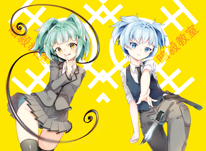 1boy, 1girl, :q, ansatsu_kyoushitsu, aqua_hair, arami_o_8, arm_at_side, arm_behind_back