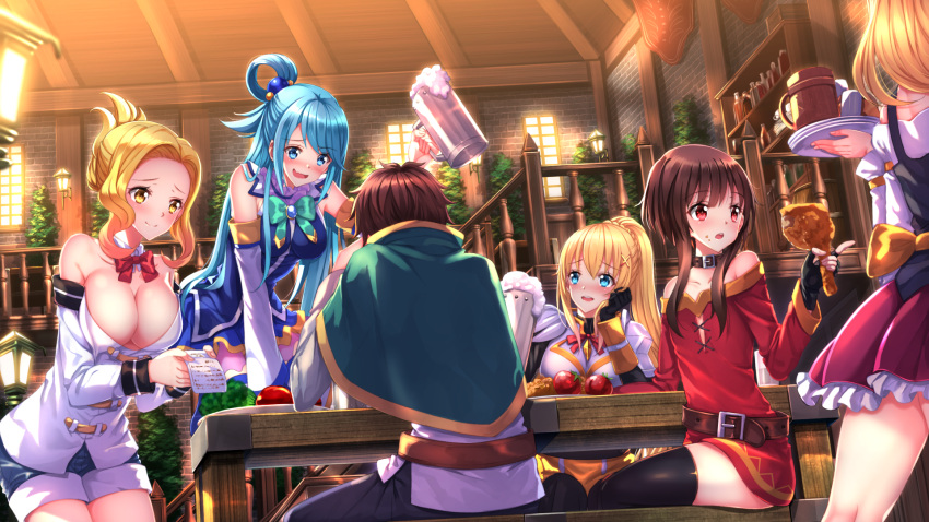 1boy, 5girls, :d, alcohol, aqua_(konosuba), back, bangs, bare_shoulders