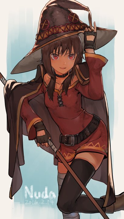 brown_hair, fingerless_gloves, gloves, hat, kono_subarashii_sekai_ni_shukufuku_wo!, megumin, nuda, red_eyes